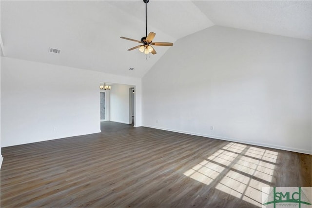4 Tantallon Ct, Pooler, GA 31322 - unfurnished living room featuring high vaulted ceiling, dark wood-type flooring, visible vents, and ceiling fan with notable chandelier