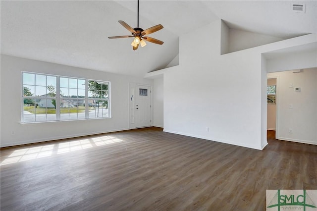4 Tantallon Ct, Pooler, GA 31322 - unfurnished living room with wood finished floors, high vaulted ceiling, visible vents, a ceiling fan, and baseboards