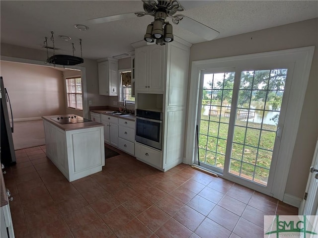 kitchen featuring white cabinetry, stainless steel appliances, ceiling fan, and a sink