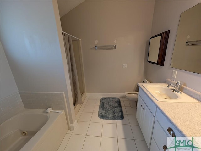 full bath with toilet, a tub to relax in, vanity, curtained shower, and tile patterned flooring