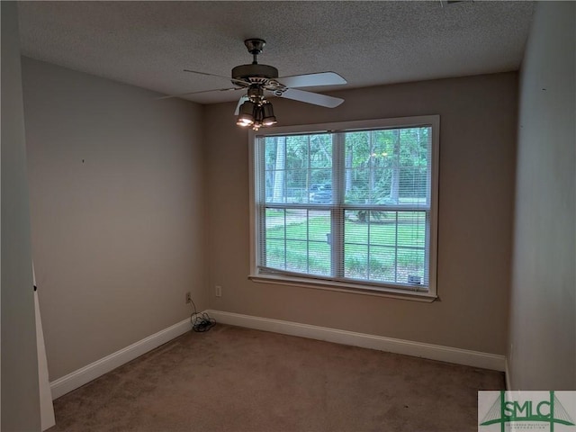 empty room featuring light colored carpet, a textured ceiling, baseboards, and a healthy amount of sunlight