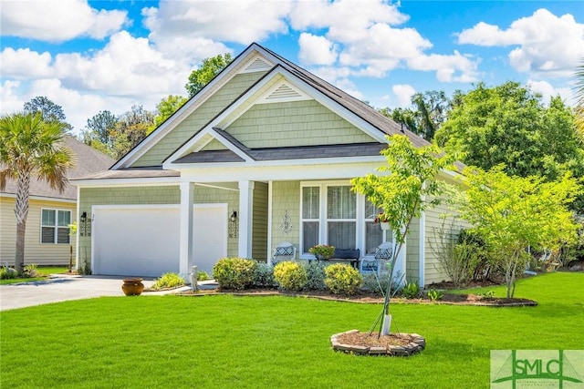 20 Baraco Dr, Savannah, GA 31419 - craftsman house with a garage, a front lawn, concrete driveway, a shingled roof, and a porch