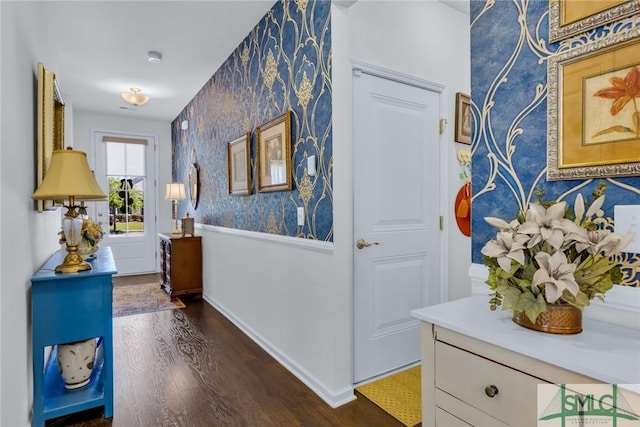 20 Baraco Dr, Savannah, GA 31419 - hallway featuring wallpapered walls, dark wood finished floors, and baseboards