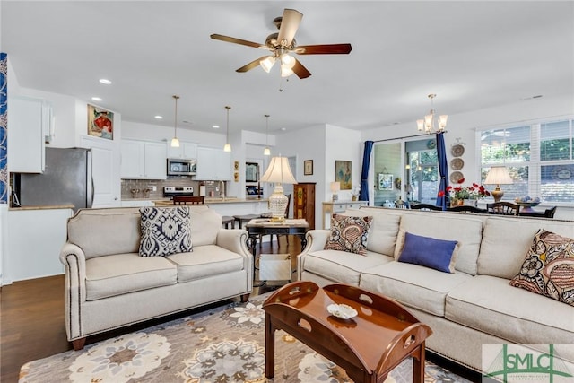 20 Baraco Dr, Savannah, GA 31419 - living room featuring recessed lighting, ceiling fan with notable chandelier, and wood finished floors