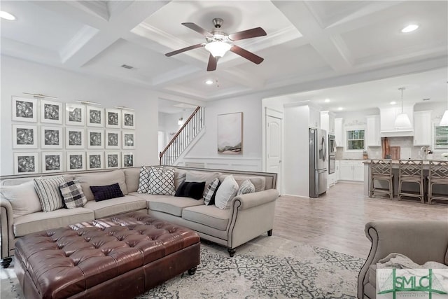 195 Wildlife View Ct N, Richmond Hill, GA 31324 - living room with ceiling fan, light wood-style flooring, coffered ceiling, beamed ceiling, and recessed lighting