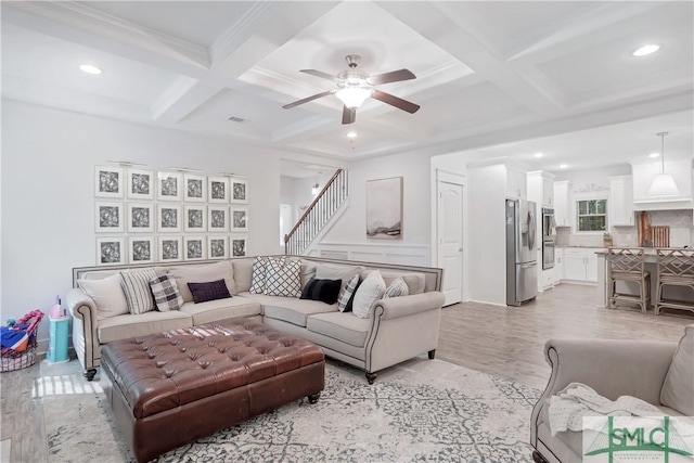 195 Wildlife View Ct N, Richmond Hill, GA 31324 - living room with a ceiling fan, coffered ceiling, light wood-style flooring, beamed ceiling, and recessed lighting