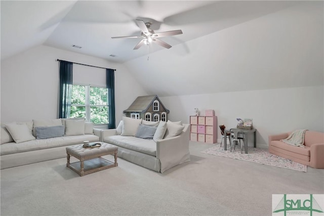 195 Wildlife View Ct N, Richmond Hill, GA 31324 - carpeted living room with lofted ceiling and ceiling fan