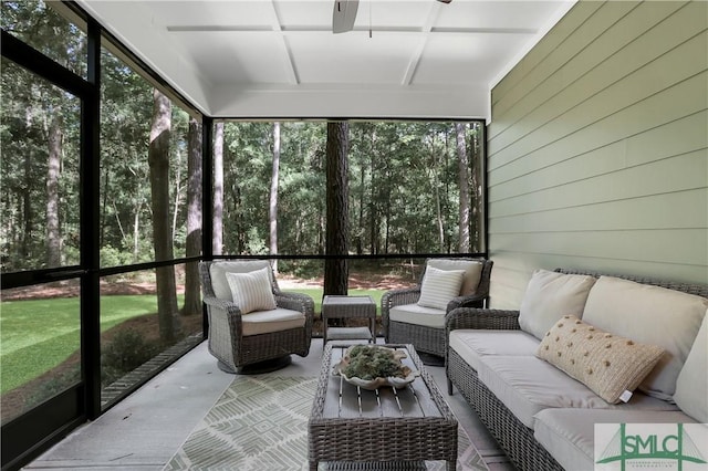 195 Wildlife View Ct N, Richmond Hill, GA 31324 - sunroom / solarium featuring a ceiling fan, an outdoor living space, and plenty of natural light