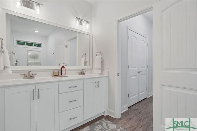 195 Wildlife View Ct N, Richmond Hill, GA 31324 - bathroom with wood finished floors, double vanity, and baseboards
