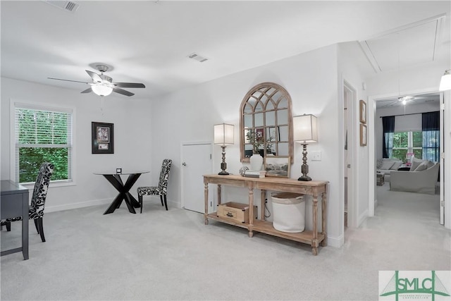 195 Wildlife View Ct N, Richmond Hill, GA 31324 - office featuring attic access, light carpet, a ceiling fan, and healthy amount of natural light