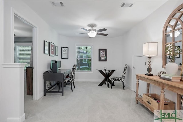 195 Wildlife View Ct N, Richmond Hill, GA 31324 - home office featuring light carpet, ceiling fan, and baseboards