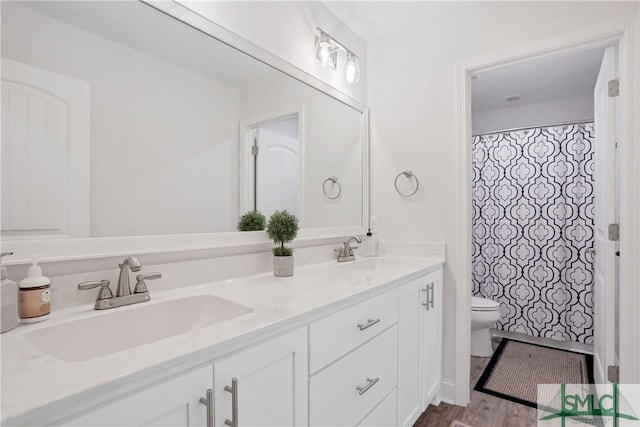 195 Wildlife View Ct N, Richmond Hill, GA 31324 - bathroom with toilet, double vanity, wood finished floors, and a shower with curtain