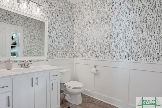 195 Wildlife View Ct N, Richmond Hill, GA 31324 - bathroom with toilet, a decorative wall, vanity, wood finished floors, and a wainscoted wall