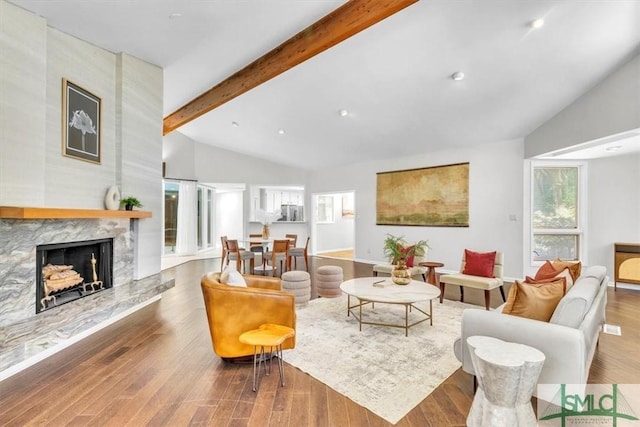 11 Fat Friars Retreat Retreat, Savannah, GA 31411 - living room with wood finished floors, a premium fireplace, beamed ceiling, and high vaulted ceiling