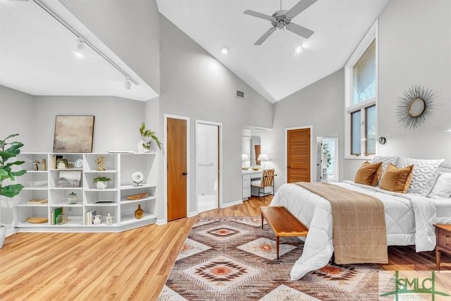 11 Fat Friars Retreat Retreat, Savannah, GA 31411 - bedroom featuring track lighting, wood finished floors, high vaulted ceiling, baseboards, and ceiling fan