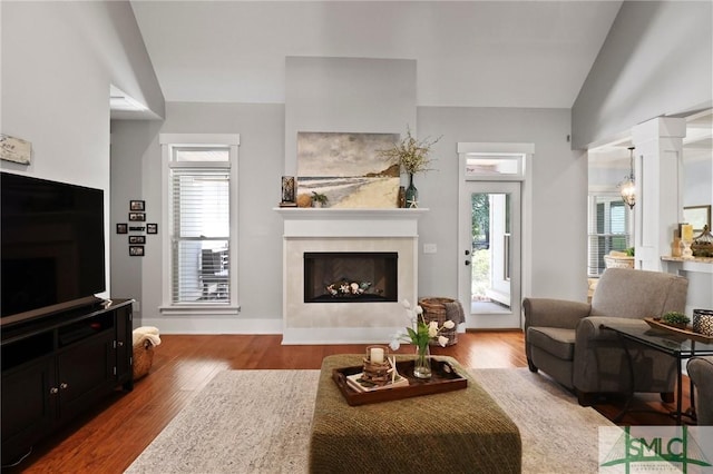 living room featuring a fireplace, wood finished floors, healthy amount of natural light, and lofted ceiling