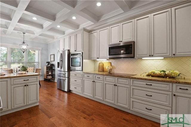 kitchen with appliances with stainless steel finishes, recessed lighting, beamed ceiling, dark wood-type flooring, and decorative backsplash