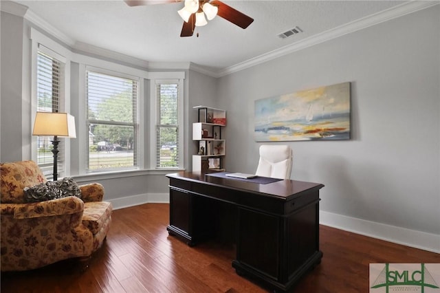 office with a ceiling fan, baseboards, dark wood-style flooring, and crown molding