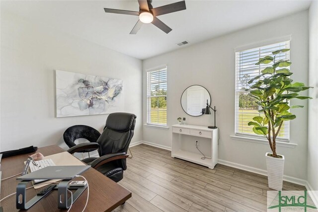 89 Evan Wade Ct NE, Ludowici, GA 31316 - office area with ceiling fan, light wood-style flooring, and baseboards