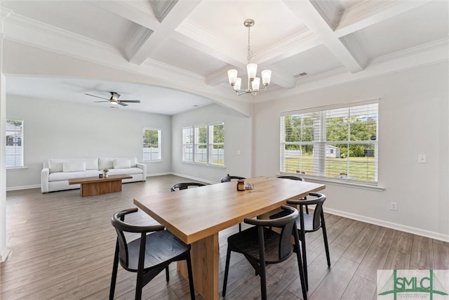 89 Evan Wade Ct NE, Ludowici, GA 31316 - dining space with a chandelier, baseboards, wood finished floors, beam ceiling, and coffered ceiling