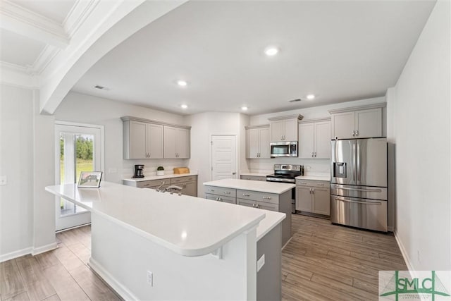 89 Evan Wade Ct NE, Ludowici, GA 31316 - kitchen with appliances with stainless steel finishes, gray cabinets, a center island, arched walkways, and ornamental molding