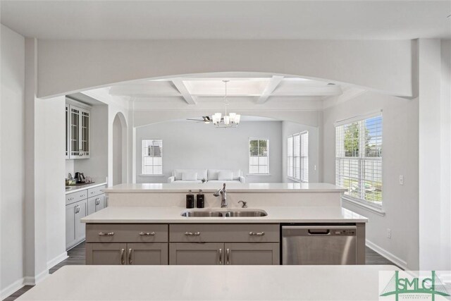 89 Evan Wade Ct NE, Ludowici, GA 31316 - kitchen featuring dishwasher, a sink, arched walkways, gray cabinets, and beam ceiling