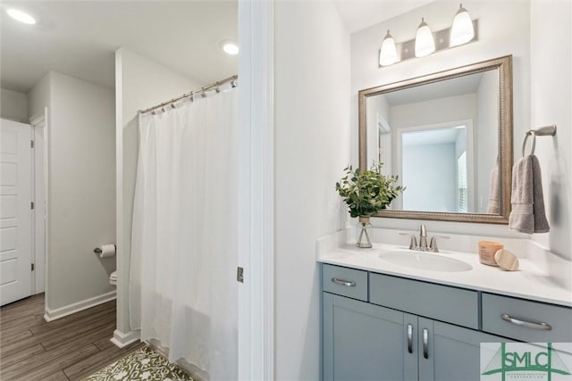 89 Evan Wade Ct NE, Ludowici, GA 31316 - bathroom with vanity, wood finished floors, baseboards, curtained shower, and recessed lighting