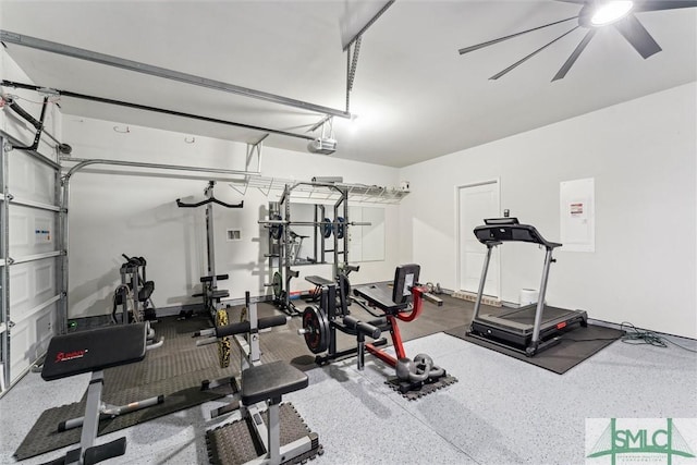 89 Evan Wade Ct NE, Ludowici, GA 31316 - exercise area featuring a garage and ceiling fan