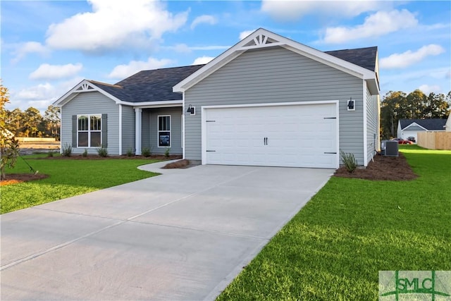 333 Crosswinds Dr, Rincon, GA 31326 - ranch-style house with a garage, central air condition unit, a front lawn, driveway, and a shingled roof
