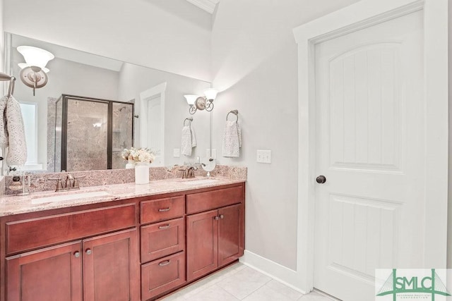 190 Blackjack Oak Dr E, Richmond Hill, GA 31324 - full bathroom with a stall shower, double vanity, tile patterned flooring, and baseboards