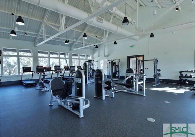 190 Blackjack Oak Dr E, Richmond Hill, GA 31324 - exercise room featuring high vaulted ceiling