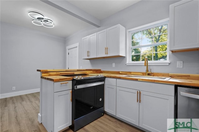 3205 Burroughs St, Savannah, GA 31405 - kitchen with wooden counters, range with electric cooktop, a sink, dishwasher, and light wood finished floors
