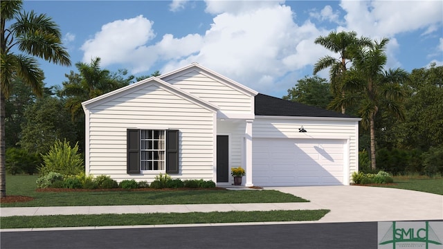 view of front of home featuring an attached garage, concrete driveway, and a front lawn