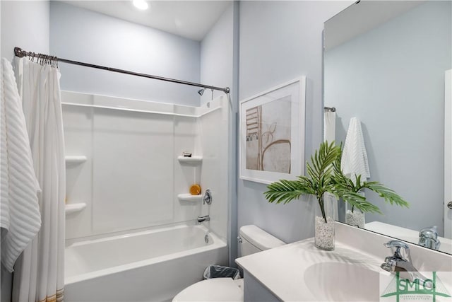 full bathroom with shower / bath combo with shower curtain, toilet, and vanity