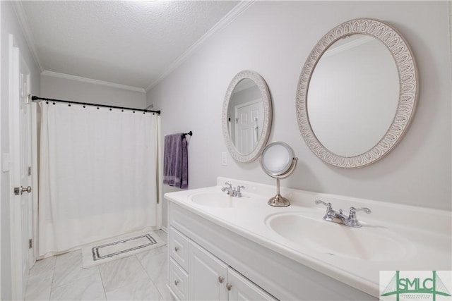 full bath with ornamental molding, a textured ceiling, double vanity, and shower / bath combo with shower curtain