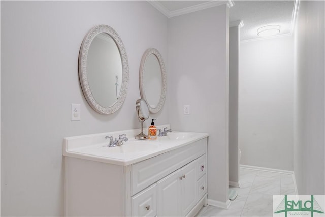 full bath featuring crown molding, double vanity, marble finish floors, baseboards, and toilet