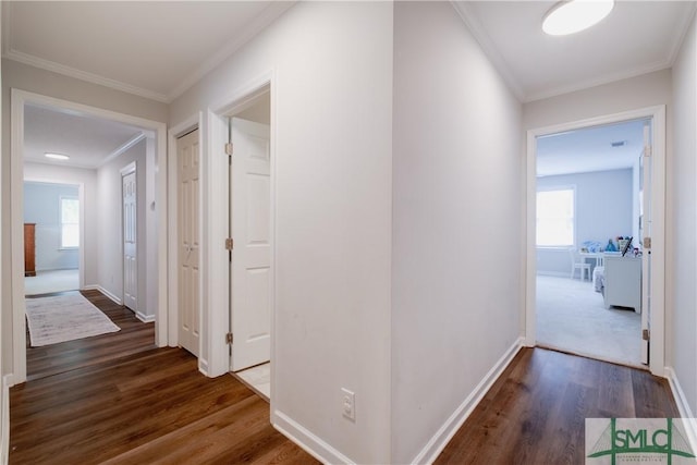 corridor featuring dark wood-style flooring, healthy amount of natural light, crown molding, and baseboards