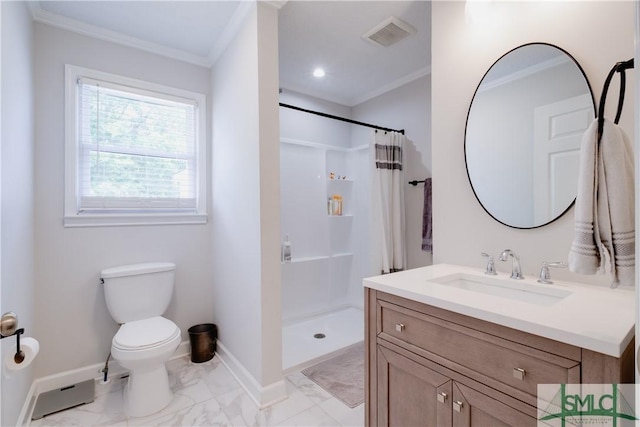 full bath with ornamental molding, baseboards, marble look tiles, a shower with curtain, and toilet