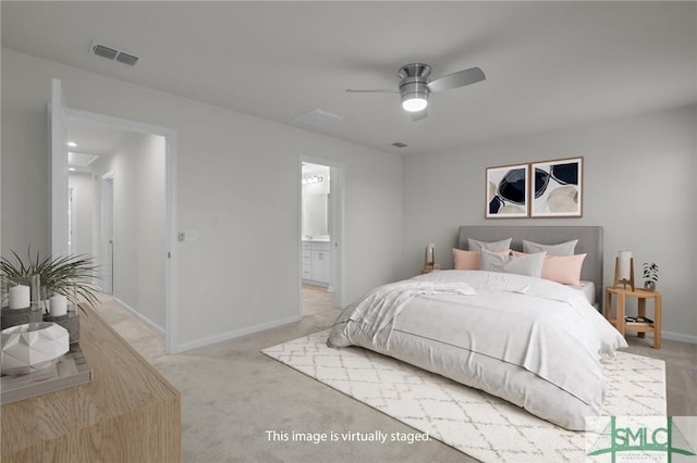 124 Benelli Dr, Pooler, GA 31322 - bedroom featuring baseboards, light carpet, ensuite bathroom, and ceiling fan