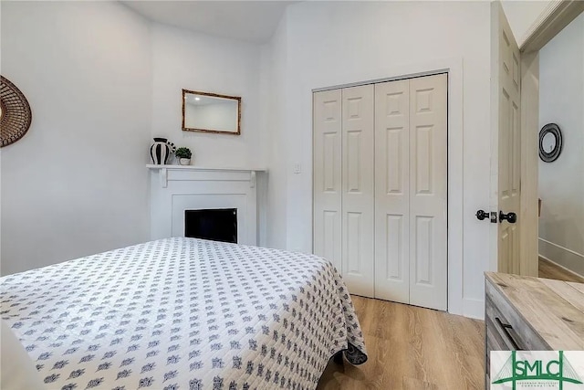528 E Gordon Ln, Savannah, GA 31401 - bedroom with light wood-style flooring, a closet, a fireplace, and baseboards