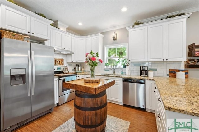 186 Goodman Dr, Midway, GA 31320 - kitchen featuring appliances with stainless steel finishes, a sink, under cabinet range hood, white cabinets, and decorative backsplash