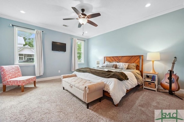 186 Goodman Dr, Midway, GA 31320 - bedroom with carpet floors, crown molding, baseboards, recessed lighting, and ceiling fan