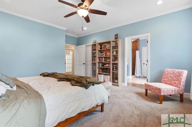 186 Goodman Dr, Midway, GA 31320 - carpeted bedroom with recessed lighting, ornamental molding, baseboards, and a ceiling fan