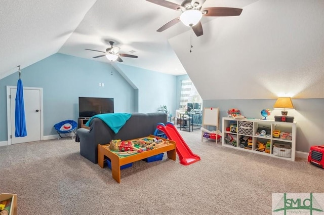 186 Goodman Dr, Midway, GA 31320 - playroom with ceiling fan, vaulted ceiling, and carpet