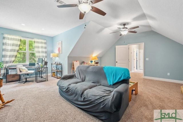 186 Goodman Dr, Midway, GA 31320 - carpeted bedroom featuring lofted ceiling, baseboards, and a ceiling fan