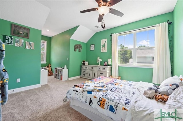 186 Goodman Dr, Midway, GA 31320 - bedroom with carpet floors, baseboards, lofted ceiling, and ceiling fan
