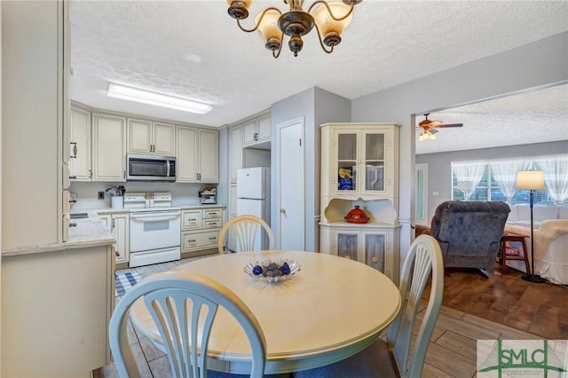 11 Pelican Ct, Richmond Hill, GA 31324 - dining room with a textured ceiling, a chandelier, light wood finished floors, and a ceiling fan