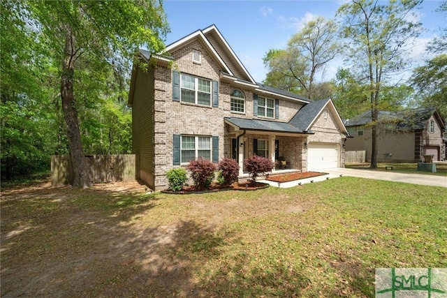 view of front facade featuring brick siding, concrete driveway, an attached garage, and a porch