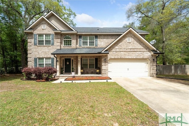 view of front of house featuring brick siding, a porch, a garage, and concrete driveway