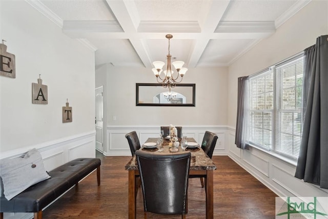 dining area featuring a chandelier, coffered ceiling, beam ceiling, dark wood-style floors, and wainscoting